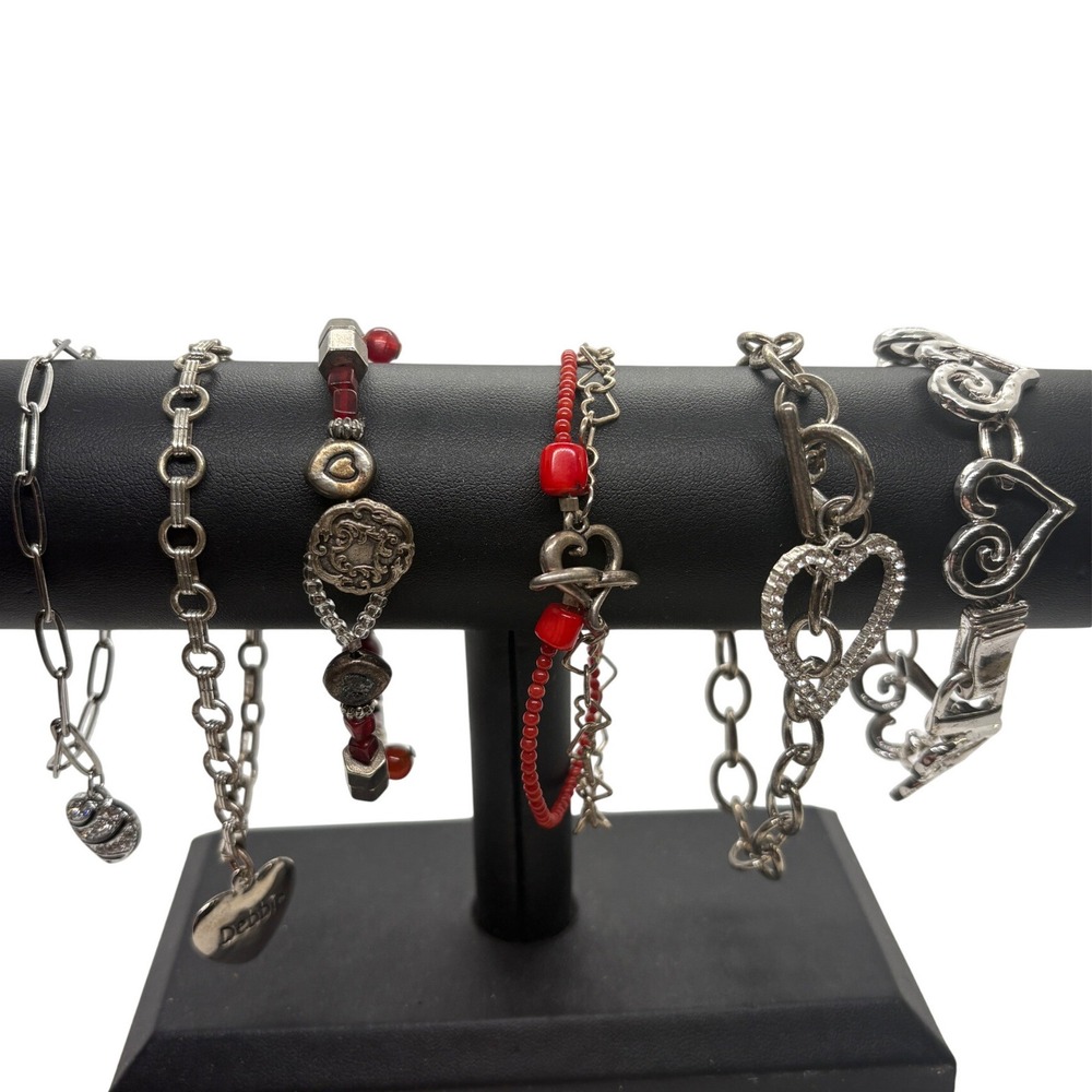 Vintage Avon Heart Bracelet Lot Silver Tone Red Beaded Boho Romantic 6pc Set